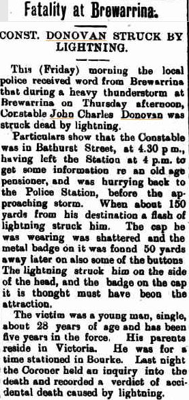 John Charles DONOVAN - Killed by lightning 12 Jan 1922 - Newspaper article 1