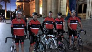 Warwick Campbell, Mark Meredith, Peter Ensor, Nathan Edwardson from Canberra, and Tom Magann at the Police Remembrance Ride. Photo: CONTRIBUTED