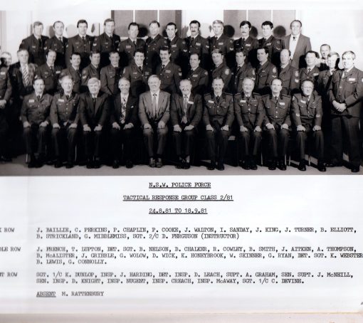Tactical Response Group Class 2 / 1981 24 July - 18 September 1981 Back Row ( L - R ): J. BAILLIE, C. PERKINS, P. CHAPLIN, P. COOKE, J. WALTON, I. SANDAY, J. KING, J. TURNER, B. ELLITOO, B. STRICKLAND, G. MIDDLEMISS, SGT 2/C D. FERGUSON ( INSTRUCTOR ) Middle Row: J. FRENCH, T. PULTON, DET SGT B. NELSON, D. CHALKER, R. COWLEY, B. SMITH, J. AITKEN, A. THOMPSON, B. McALISTER, J. GRIBBLE, G. WOLOW, D. WICK, K. HONEYBROOK, W. SKINNER, G. RYAN, DET SGT K. WEBSTER, B. LEWIS, G. CONNOLLY Front Row: SGT 1/C K. DUNLOP, INSP. J. HARDING, DET INSP D. LEACH, SUPT A. GRAHAM, SEN SUPT J. McNEILL, SEN INSP D. KNIGHT, INSP NUGENT, INSP CREACH, INSP McAWAY, SGT 1/C C. DEVINE Absent: M. RATTENBURY
