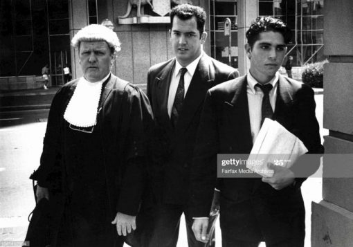 Photograph from todays police tribunal concerning drug by Frenchs forest police. Arriving back from lunch, center former Constable Andrew Neilson, with Barrister Peter Dailly (left) and instructing Solicitor James Hall.Constable Neilson ... seriously affected by alcohol.An off-duty police officer was too drunk to remember if he was in Frenchs Forest police station the night the duty officer smelt burning cannabis in the station, the Police Tribunal heard yesterday.Constable Andrew Neilsen told the tribunal he had been drinking jugs of Kamikazes - a cocktail of vodka, tequila and Cointreau - and remembered little of the night. March 1, 1994. (Photo by Dean Sewell/Fairfax Media via Getty 