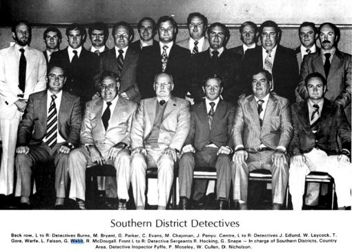 SOUTHERN DISTRICT DETECTIVES Back row L to R: Detectives BURNS, M. BRYANT, G. PARKER, C. EVANS, M. CHAPMAN, J. PENYU. Centre L to R: Detectives J. EDLUND, W. LAYCOCK, T. GORE, WARFE, L. FALSON, G. WEBB, R. McDOUGALL Front L to R: Detectiv Sergeants R. HOCKING, G. SNAPE, - In Charge of Southern Districts, Country Area, Detective Inspector Fyfie, P. MOSELEY, W. CULLEN. D. NICHOLSON. CENTENARY OF DETECTIVES BOOK