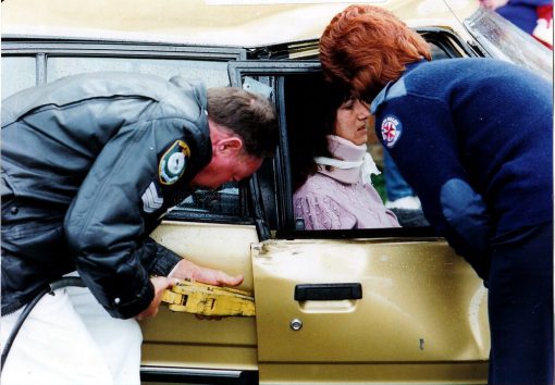 John BYERS, JB, Johnny BYERS, 1990<br /> SGT JOHN BYERS WITH A/O HELEN WELLS &amp; UNKNOWN ENTRAPPED DRIVER.