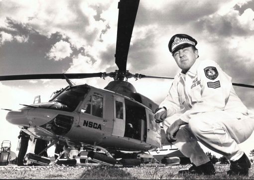 John BYERS with a NSCA ( National Safety Council Australia ) helicopter at Albion Park airport.