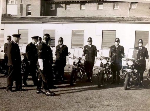 Robert William ALLGOOD, Bob ALLGOOD. NSW Police Cyclists Sgt Harry Brennan with John Birt , Bob Allgood , Col Nicholson photo taken 26 June 1967.<br /> Redfern Police Academy.<br /> Monday 26 June 1967. The date that Class 111 were " Sworn In " at Redfern Police Academy - where this photo was obviously taken.