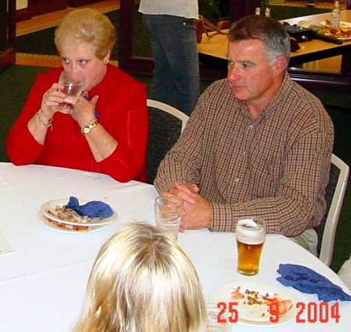 26 SEPTEMBER 2004<br /> SEND OFF FUNCTION FOR FORMER SENIOR CONSTABLE GREG CALLANDER HELD AT WESTERN SUBURBS LEAGUES CLUB, UNANDERRA.<br /> Paul Cole, ?, Flo Lindwall, Peter Lindwall sitting at the table.