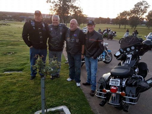 Raymond Charles ROBINSON, Ray ROBBO, Ray ROBINSON. 18 Sept. 2016· Sydney ·<br /> Castlebrook Memorial Park Rouse Hill for the Dawn Service to remember Bryson Anderson.<br /> L to R<br /> Mal Brown (me)<br /> Ray Robinson (Robbo)<br /> Harley Willox<br /> (Club President)<br /> Simon Bouda<br /> (Channel 9)<br /> That is my black Harley Ultra Classic.<br /> Another memorable Wall to Wall