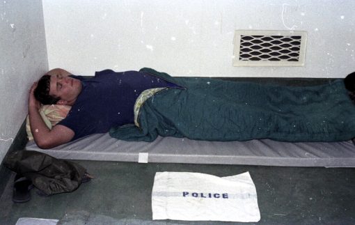 Constable Steve 'Fat Attack' Webster (from Fairfield Police) asleep in a cell of Bourke Police Station, N.S.W., on a shooting holiday. MARCH 1980