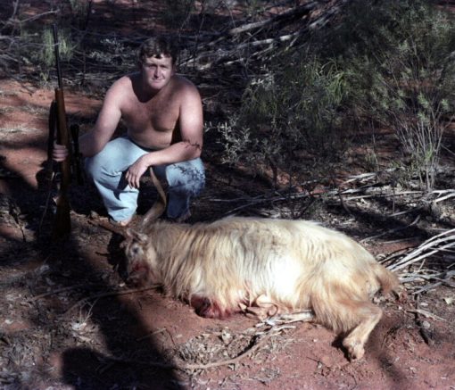 Constable Steve 'Fat Attack' Webster (Fairfield Police) with a goat near Bourke, N.S.W. - 1980. MARCH 1980