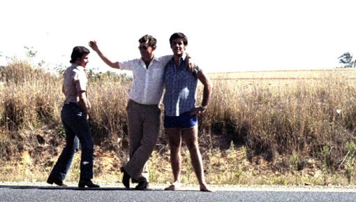 Constable Steve 'Fat Attack' Webster (centre), Constable Greg Callander (right) & Steve's brother-in-law, Kevin, on the Great Western Hwy, east of Bathurst, N.S.W. - 1980. March 1980
